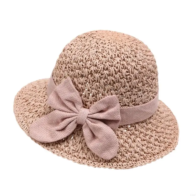 Braided Straw Travel Hat for Women Wide Brimmed Bowknot Accent Foldable Warm Weather Sunhat with Garden Outdoor Use Y166