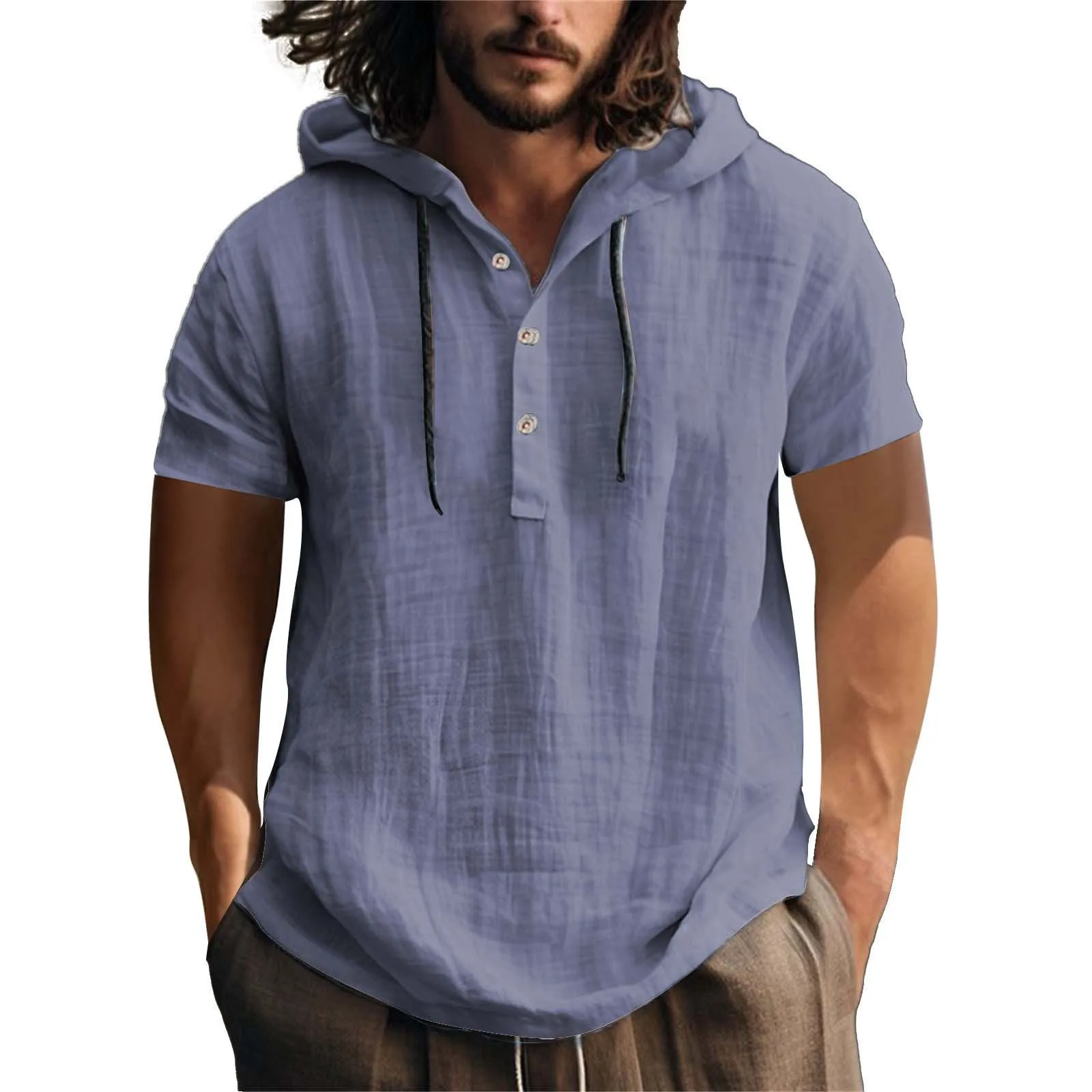 

European and American Linen Shirt Hooded Sweater Short-sleeved Hooded Spring And Summer Casual Men's Beach