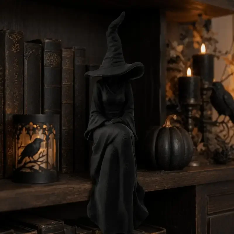 Halloween Gesichtslose Hexenfigur, Schwarze Sitzende Hexe, Wanddekoration, Halloween-Dekoration im Gothic-Stil für Wohnzimmer, Bücherregal – Detail 5