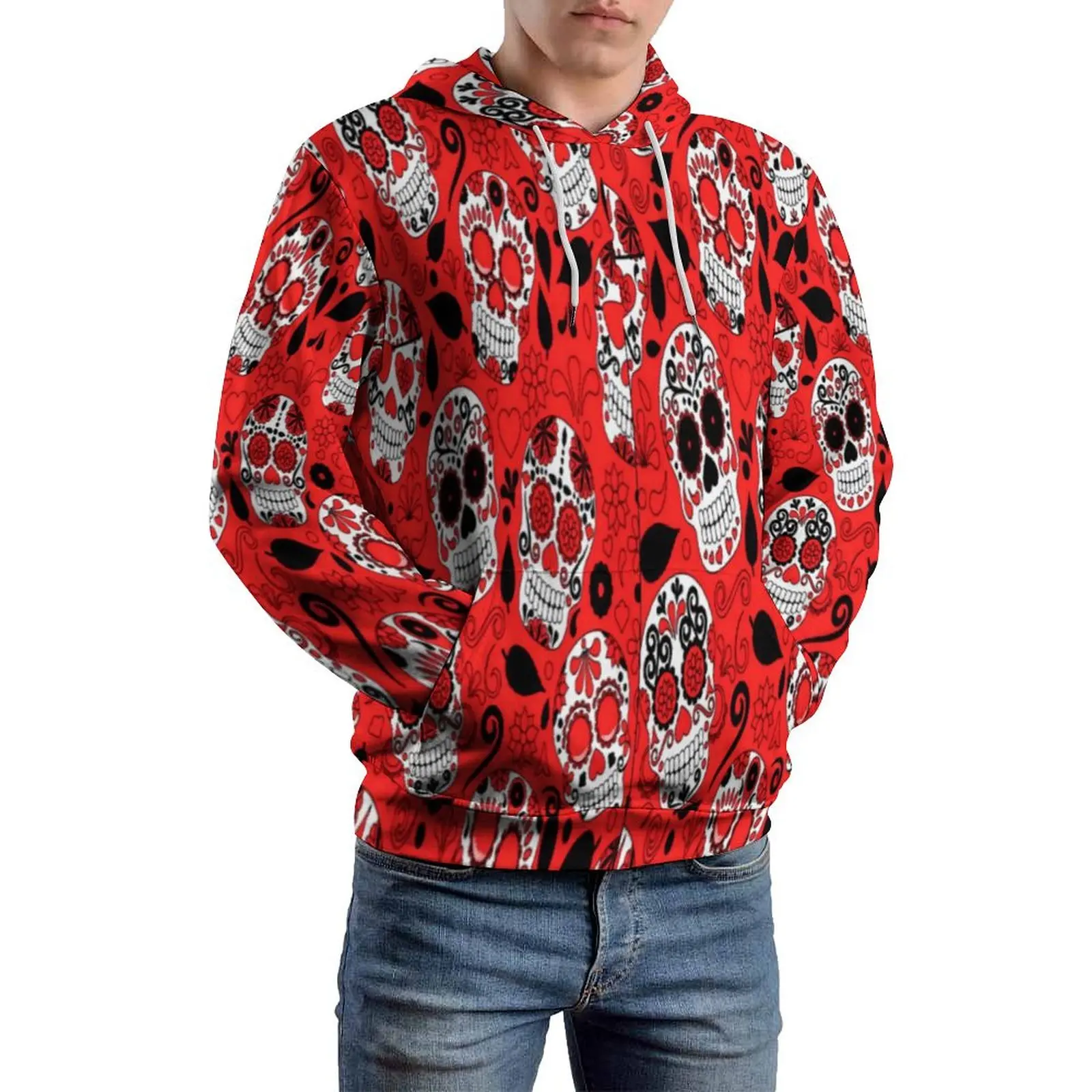 Sugar Skull Print Loose Hoodies Red And White Casual Hoodie Male Long Sleeve Aesthetic Design Sweatshirts Plus Size