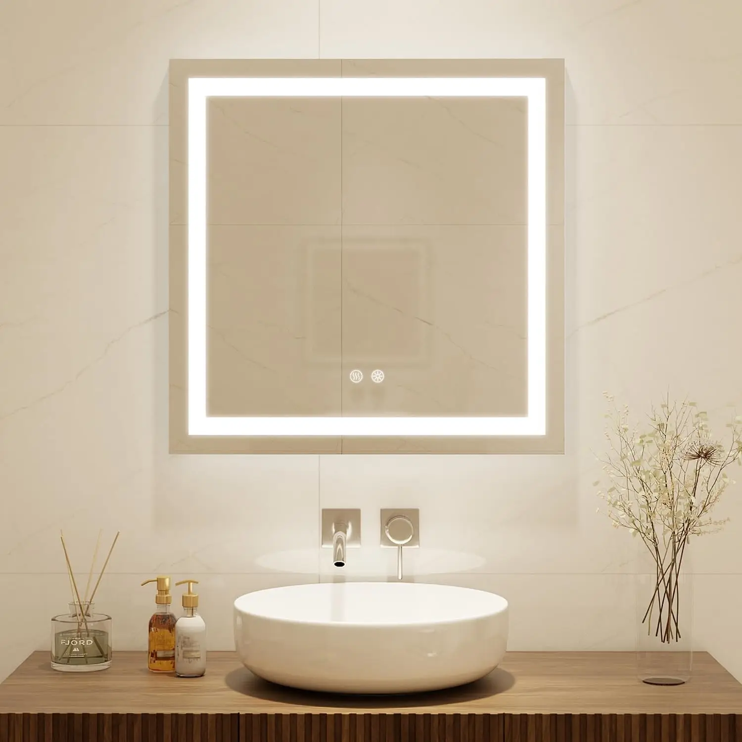 2PCS 28 X 28 Inch Square LED Bathroom Vanity Mirror 3 Colors Light Dimmable Wall Mounted Memory Lighted Makeup Mirror