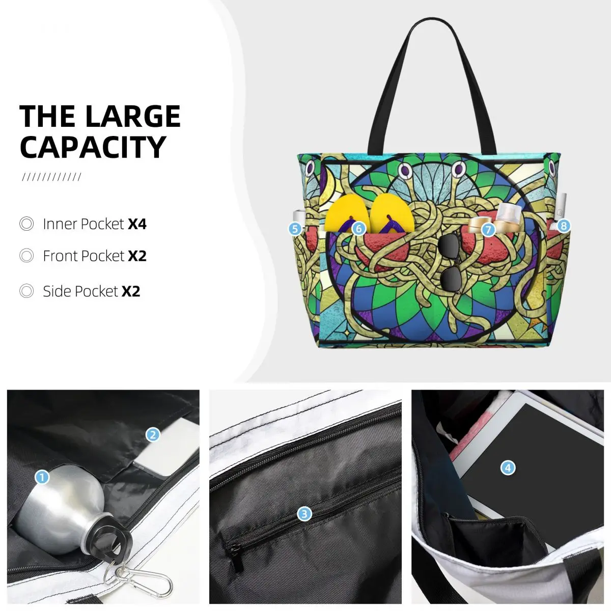 The Flying Spaghetti Monster Flying Spaghetti Monsterism FSM Beach Tote Bag  Large Tote Bag Women Travel Bag Fitness bag