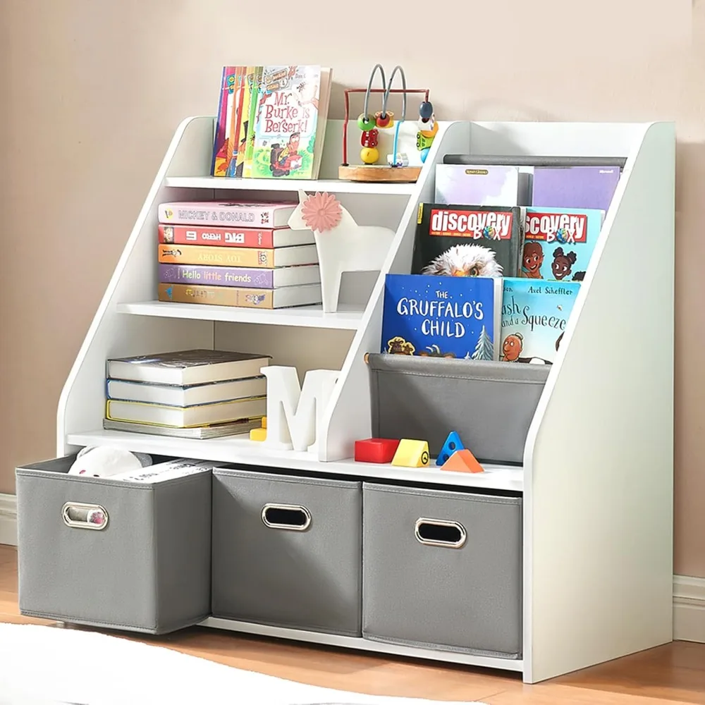 Kids Bookshelf, Kids Toy Storage Organizer with Storage Bins, Wooden Bookshelf and Book Display Shelf for Bedroom