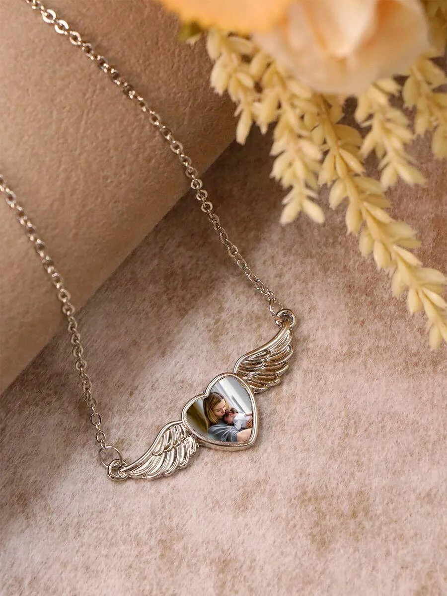 Custom Image Angel Wings Necklace, Personalised Photo Necklace, Personalised Memorial Necklace