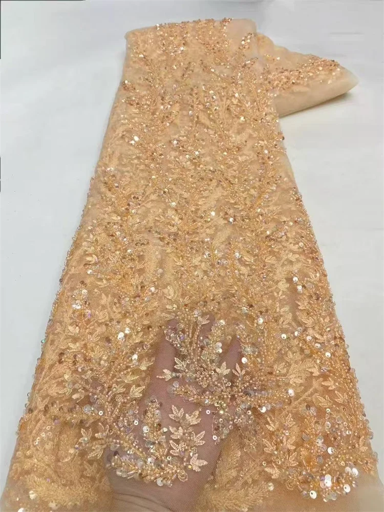 

Latest Black Sequined Lace Fabric African Bead High-Quality Nigerian Mesh Chiffon Women's Wedding Fabric Size 5