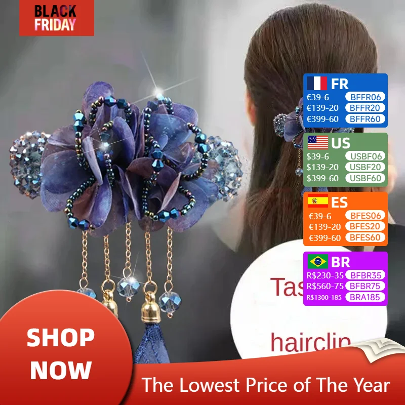 

Fashion Elegant Yarn Flower Tassel Hairpin Hair Accessories for Women Retro Back Spoon Spring Clip Crystal Hairbows for Girls