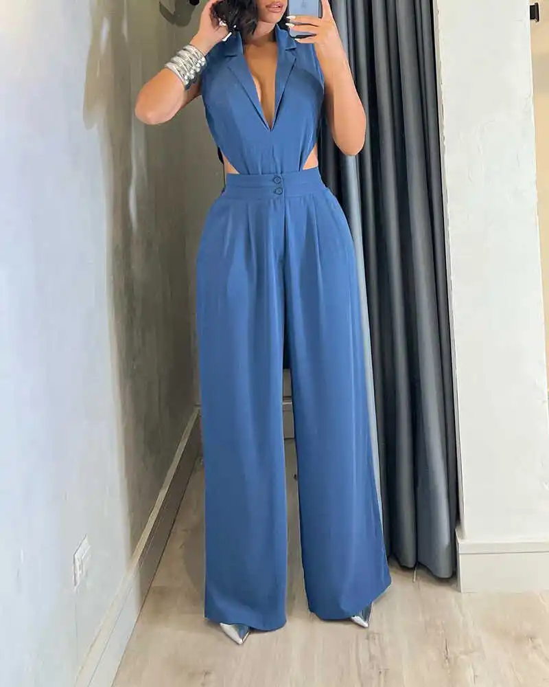 Jumpsuit Wanita Deep Blue Svel V-neck Slim Fit Kaki Lebar Model Terusan Pinggang Tinggi Celana Panjang Bahan Polyester untuk Kerja