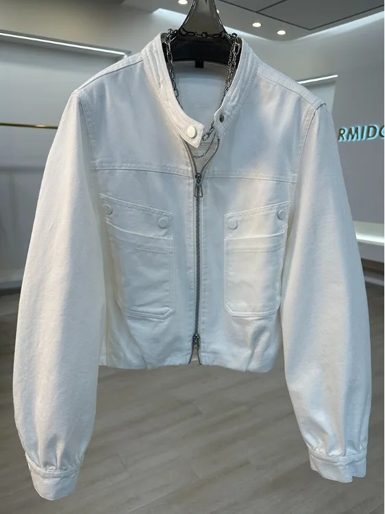 

Korean Sle Stand Collar Double Zipper White Denim ort Jaet Women's Autumn High-End Slimming Versatile Workwear Jaet Top