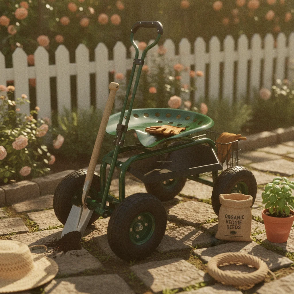 Wheeled Garden Cart with Seat Sturdy Pneumatic Tires Mobile Work Bench for Flowerbed Harvesting