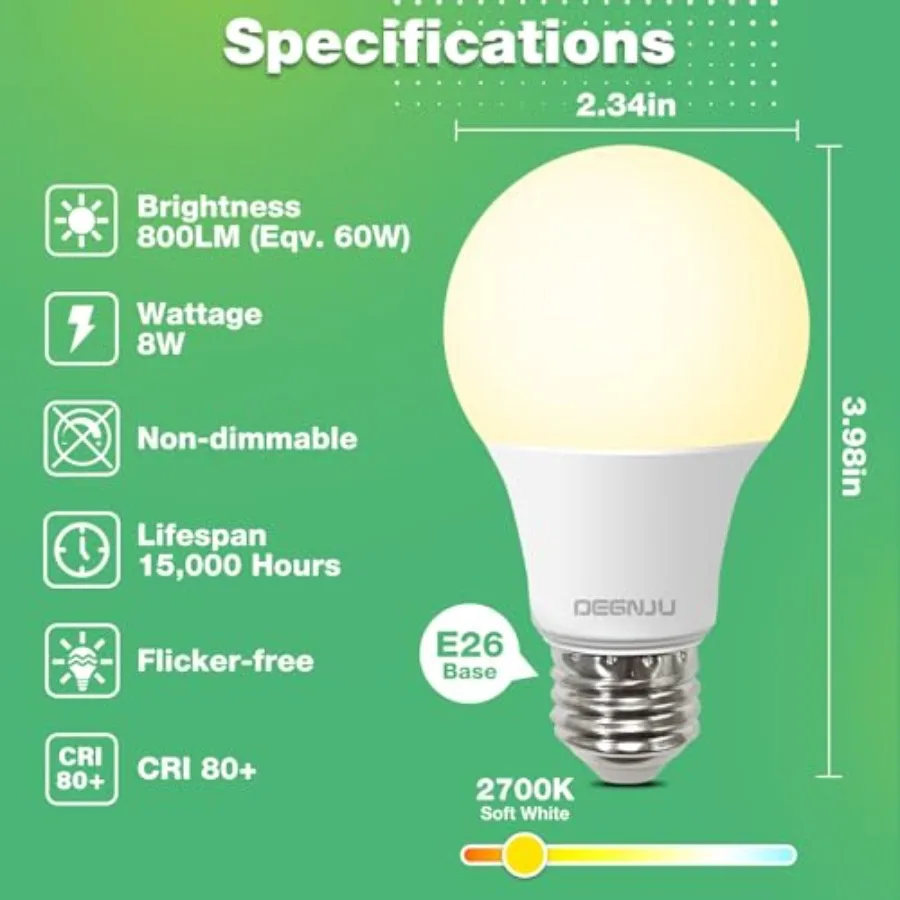 LED Light Bulbs 60W Equivalent, A19 Light Bulb Soft White 2700K 800LM 8 Watt, Non-Dimmable Standard Light Bulbs E26 Medium Base