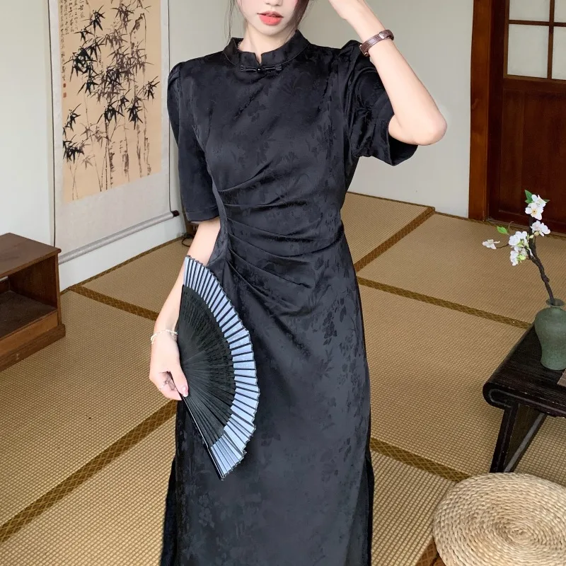 

Summer New Chinese Style Qipao Dress Women's Retro Dark Pattern Pleated Long Skirt Stand Collar Bubble Sleeve Dress