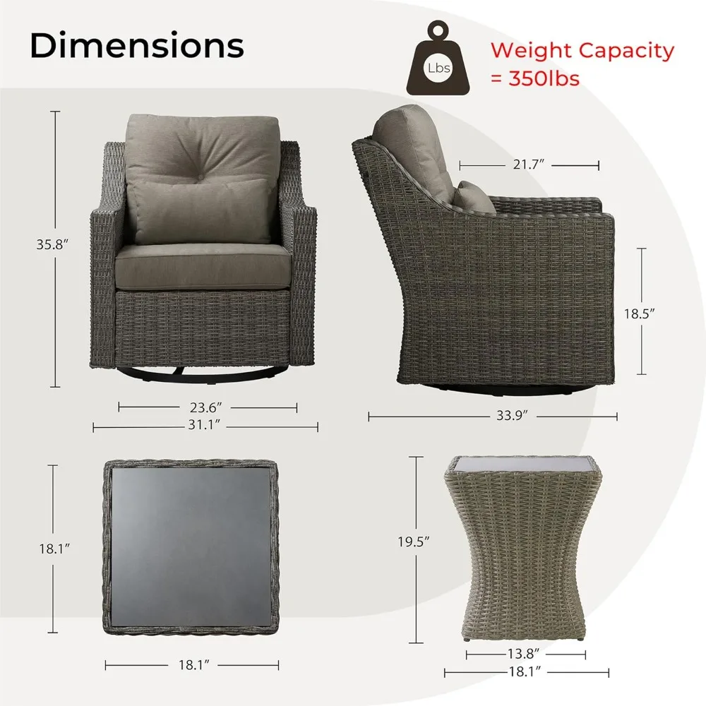 3 Pieces Wicker Patio Bistro Set, Outdoor Furniture Set with 2 Pieces Rattan Rocking Swivel Chairs, Thickened Cushions and