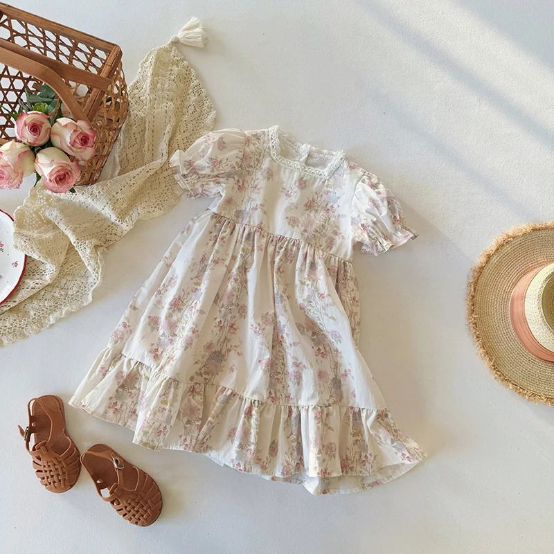 

French Romantic Floral Print Square Neck Girls Dress Summer 2026 Ruffle Short Sleeve Children's Cake Skirt Korean Kids' Clothing