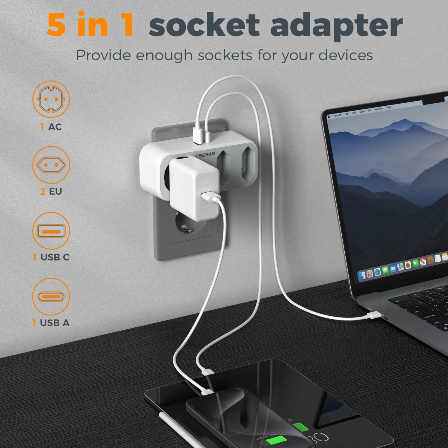 TESSAN Multi Socket Power Strip with 3 Outlets +1 USB Port+ 1 Type C European Plug Wall Socket Adapter with Overload Protection