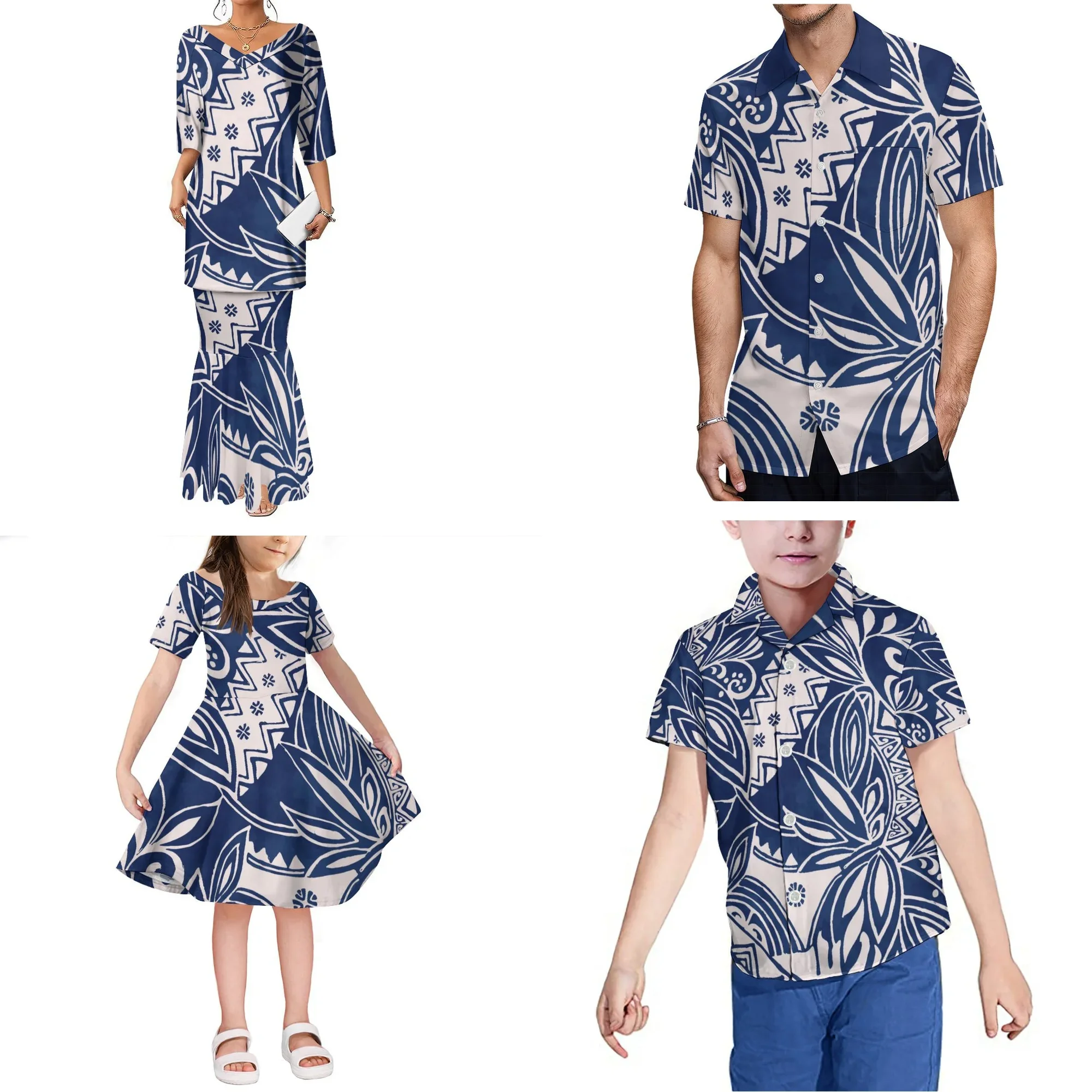 V-Neck Custom Polynesian BLACK Vintage Print Summer Middle sleeve Puletasi Long Dress 2024