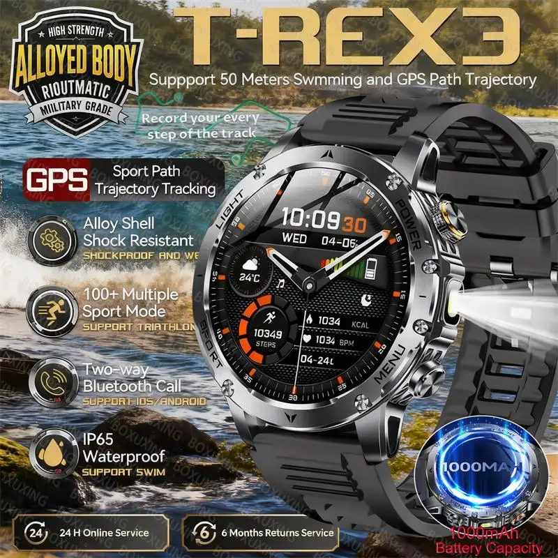 2025 nouveau militaire t-rex 3 Ultra 1000mAh batterie montre intelligente IP68 étanche lampe de poche fréquence cardiaque sport tracker Smartwatch hommes