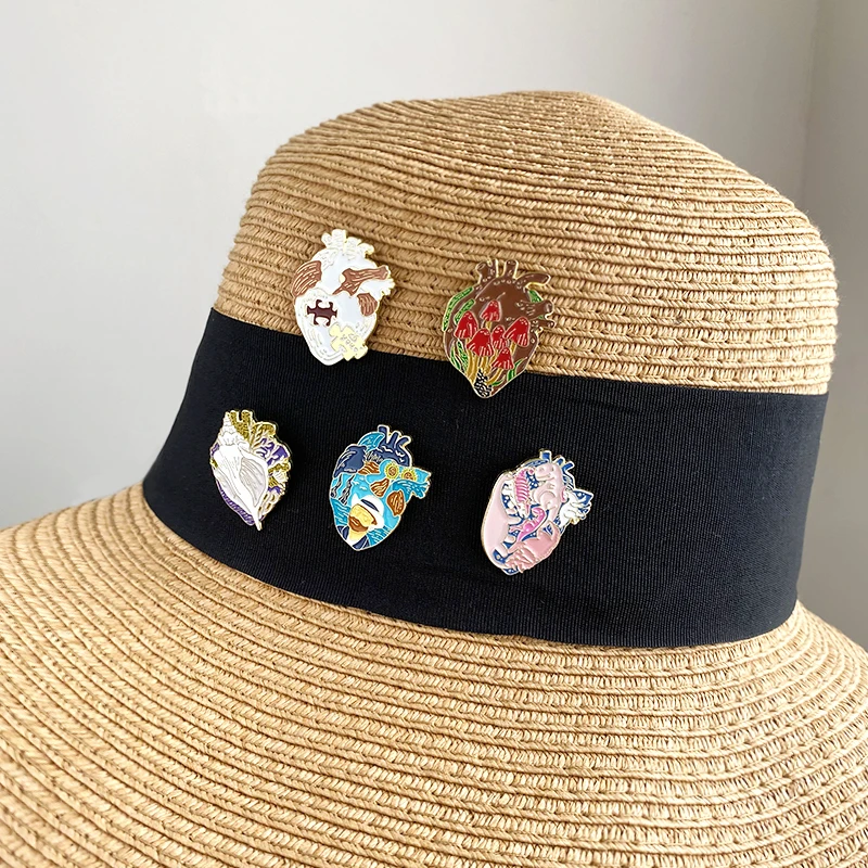 Oragn Heart Enamel Pin Custom Oil Painting Mushroom Dinosaur Puzzle Conch Brooch Lapel Badge Jewelry Gift for Kids Friends