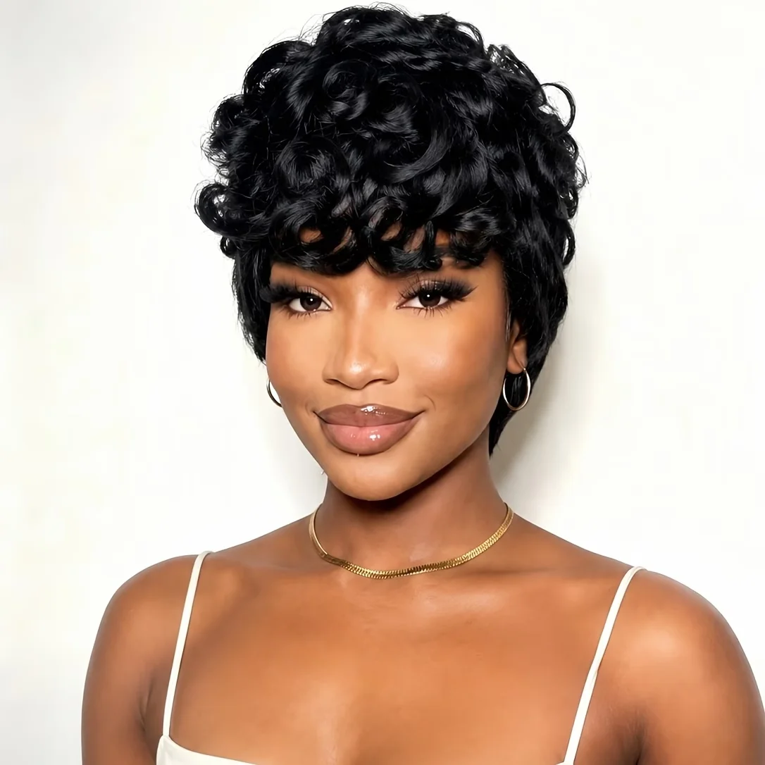 Natural Looking Brazilian Remy Human Hair Wig Suitable for Women & Men - Glueless Short Curly Pixie Cut Wigs with Density, 8Inch