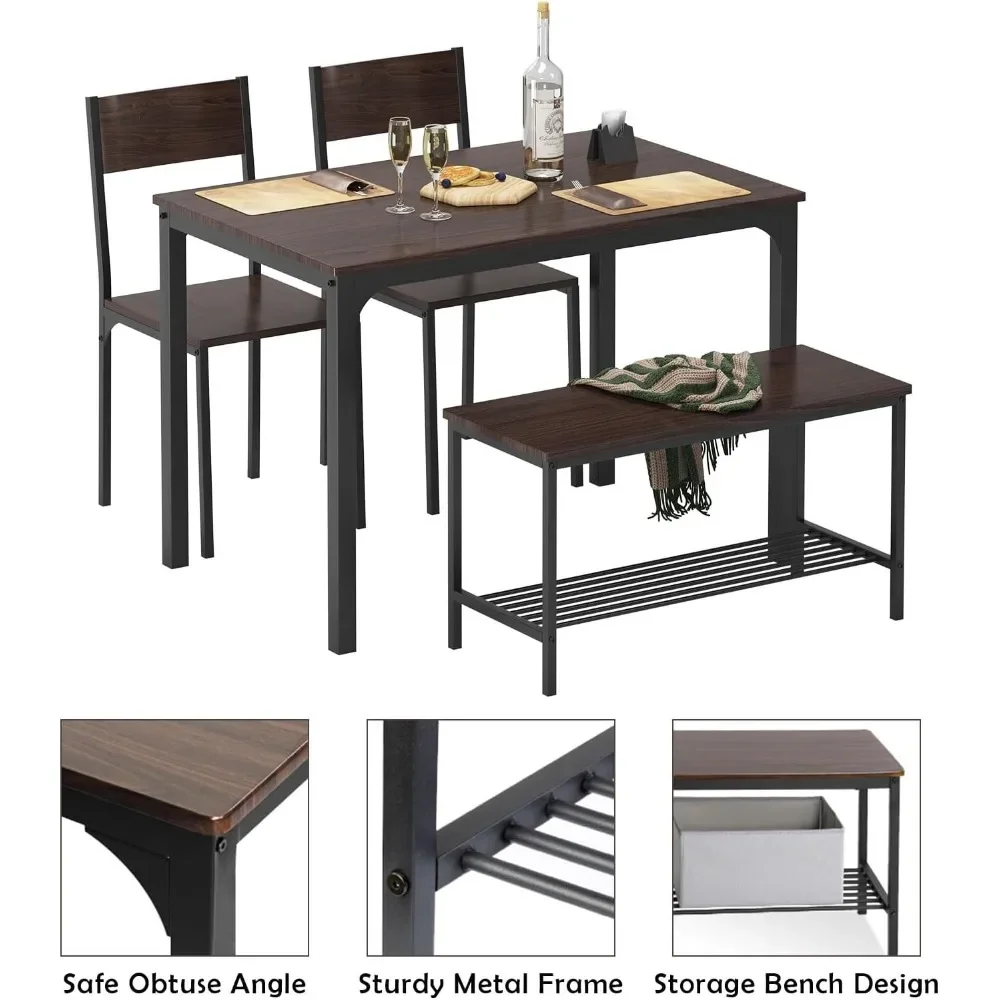 4-person dining table set, 43.3-inch kitchen dining table set, 4 and 2 chairs with backrests, 2-person bench with storage rack