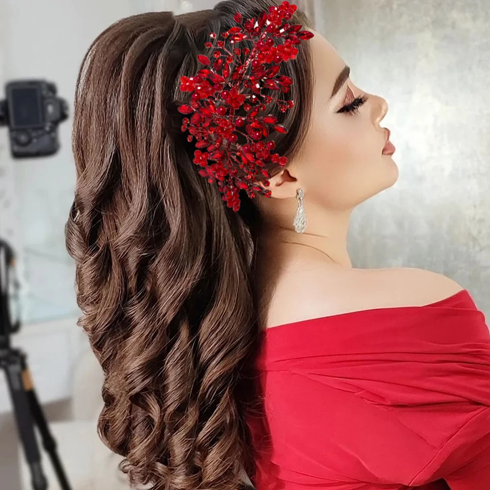 

DZ276 Red Wedding Tiara Headband Rhinestones Bridal Hair Bands Crystal Miss Women's Headband Party Headdress Ballroom Headpiece