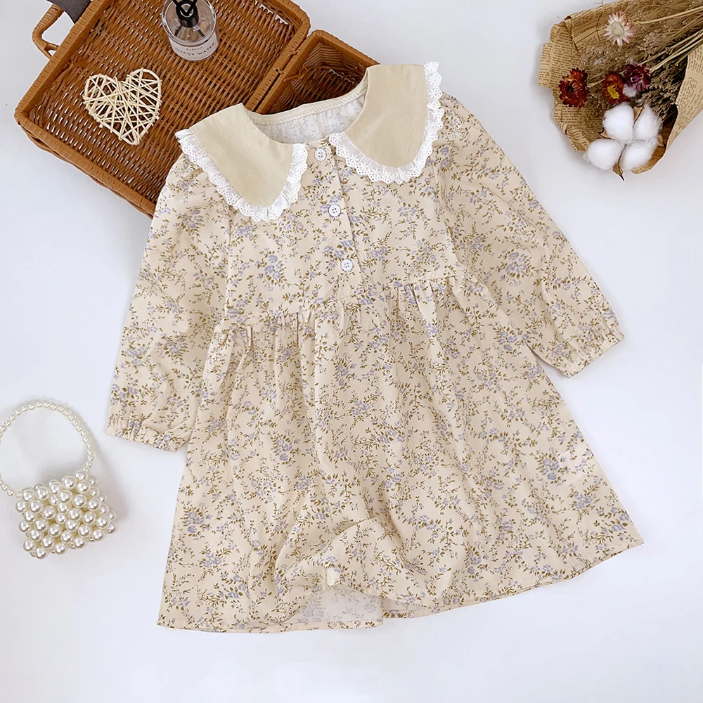 Bear Leader Girls Flower Dress Girls Autumn Clothing Fashion 2023 Lace Turn-down Floral Princess Dress Kids Casual Fall Clothes