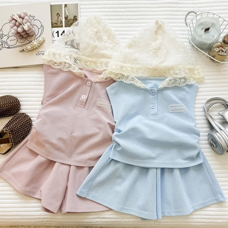 

2026Summer girls' outfit new style sleeveless lace hooded shirt casual shorts two-piece set wholesale