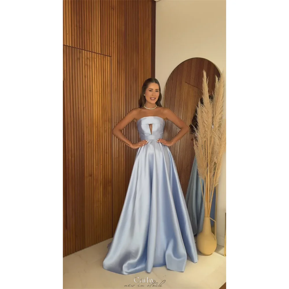 

Cathy Baby Blue Strapless Cut-out Prom Dress Simple Sleeveless vestidos de noiva Customized A-line Floor-length Evening Dresses