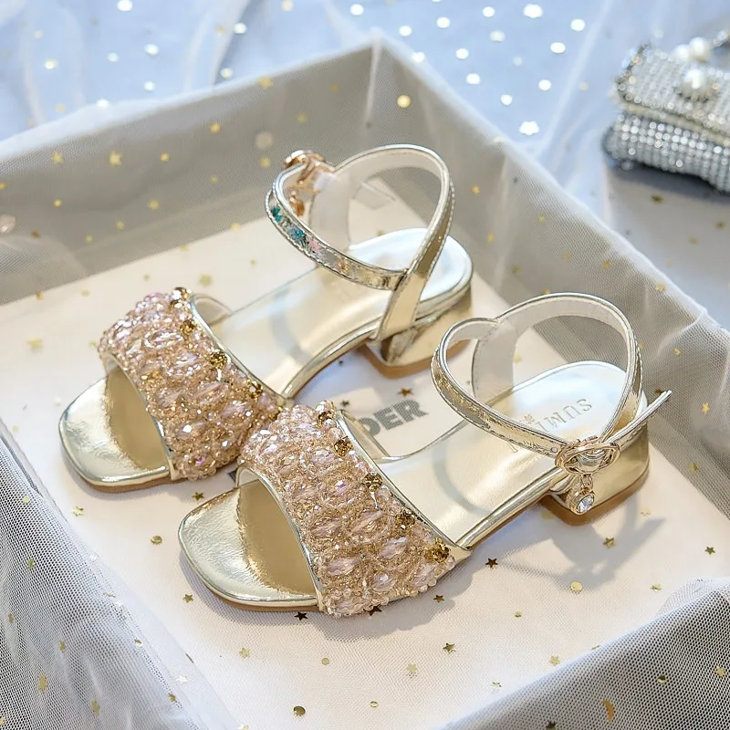 Girls High-heeled Princess Sandals 2026 New Girls Beaded Crystal Catwalk Fashion Open-toed Performance Shoes