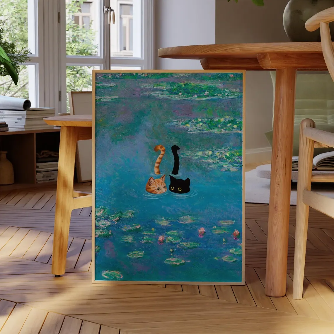 Black and Orange Cats Swimming Print Monet Waterlily Funny Gift Poster Cat Wall Decor