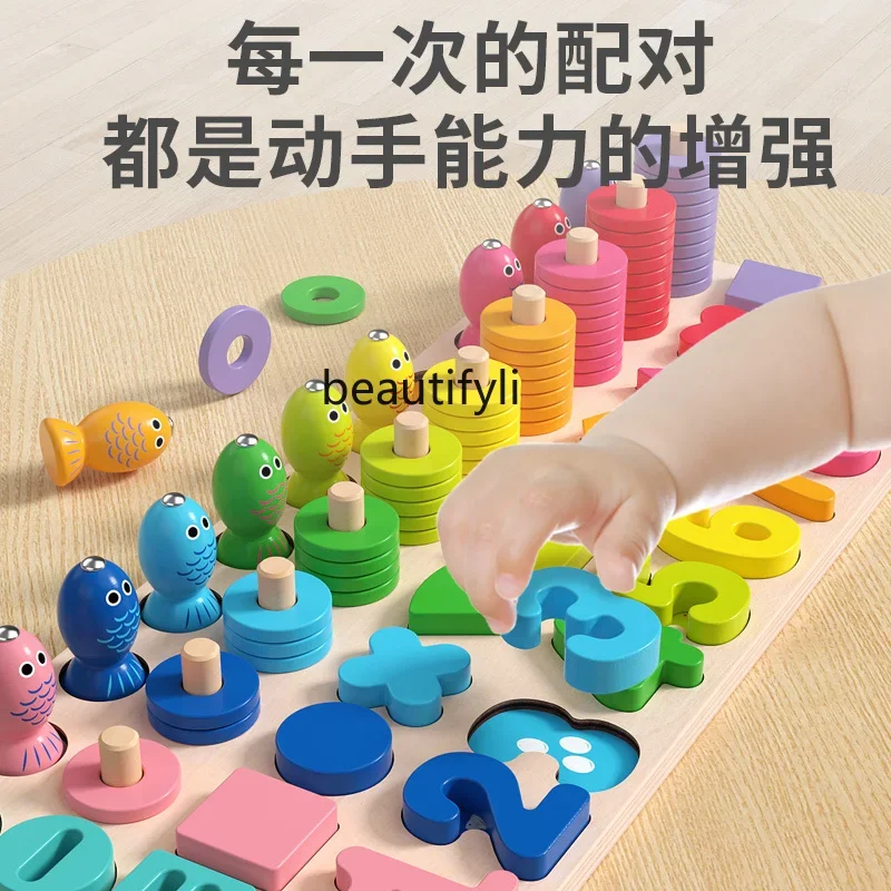 Baby educational toys wooden fishing, early childhood board baby children digital shape building block pairing