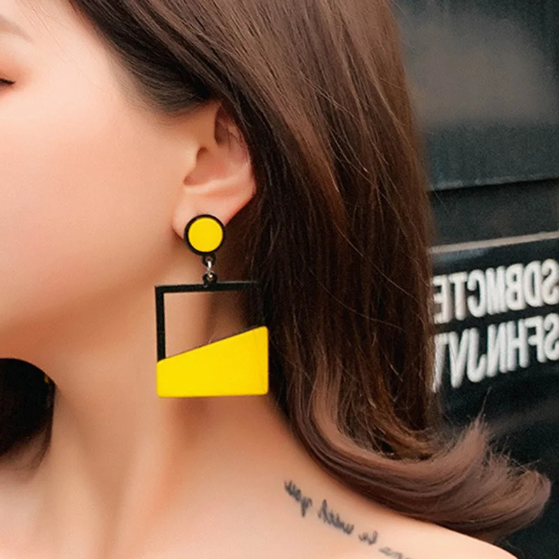 Exaggerated Acrylic Earrings for Women Girls Yellow & Black Stitching Drop Earrings Fashion Party Earrings Jewelry ED01