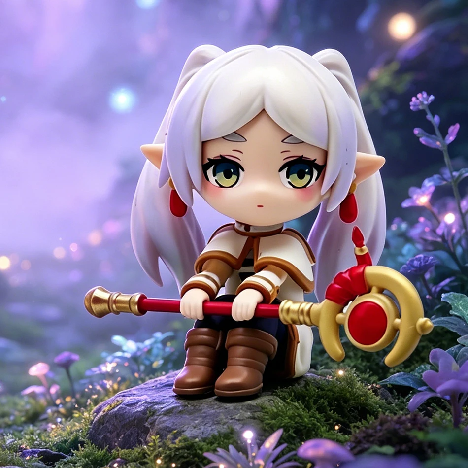 Auf Lager: Beliebte Anime-Figur Frieren, 7,5cm, sitzend, niedliche Q-Version, Actionfigur, PVC-Modell, süße Puppe, Schreibtisch-Accessoire, Geschenk