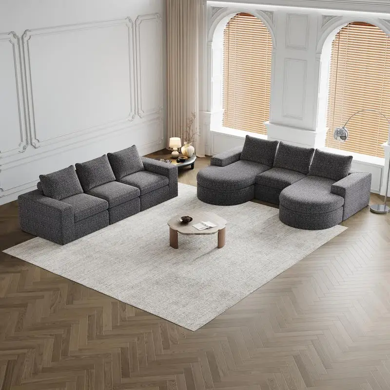 Curved Sectional Sofa with Chaise, L-Shaped Modern Upholstered Design, 6 Modular Pieces, Chenille Fabric for Living Room and