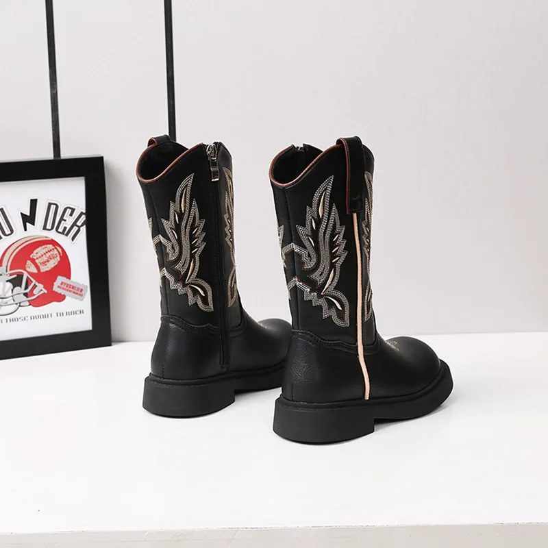 Botas de bezerro de couro genuíno infantil, bota de chelsea, bordado, vaqueiro, meninas, criança, crianças, marca de moda, outono, inverno