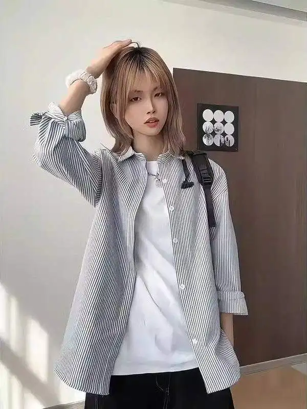 

Мужская рубашка-куртка Cleanfit в полоску, весенняя, в университетском стиле, с длинным рукавом, повседневная, для пар, свободного кроя, с пуговицами, для создания стильного образа