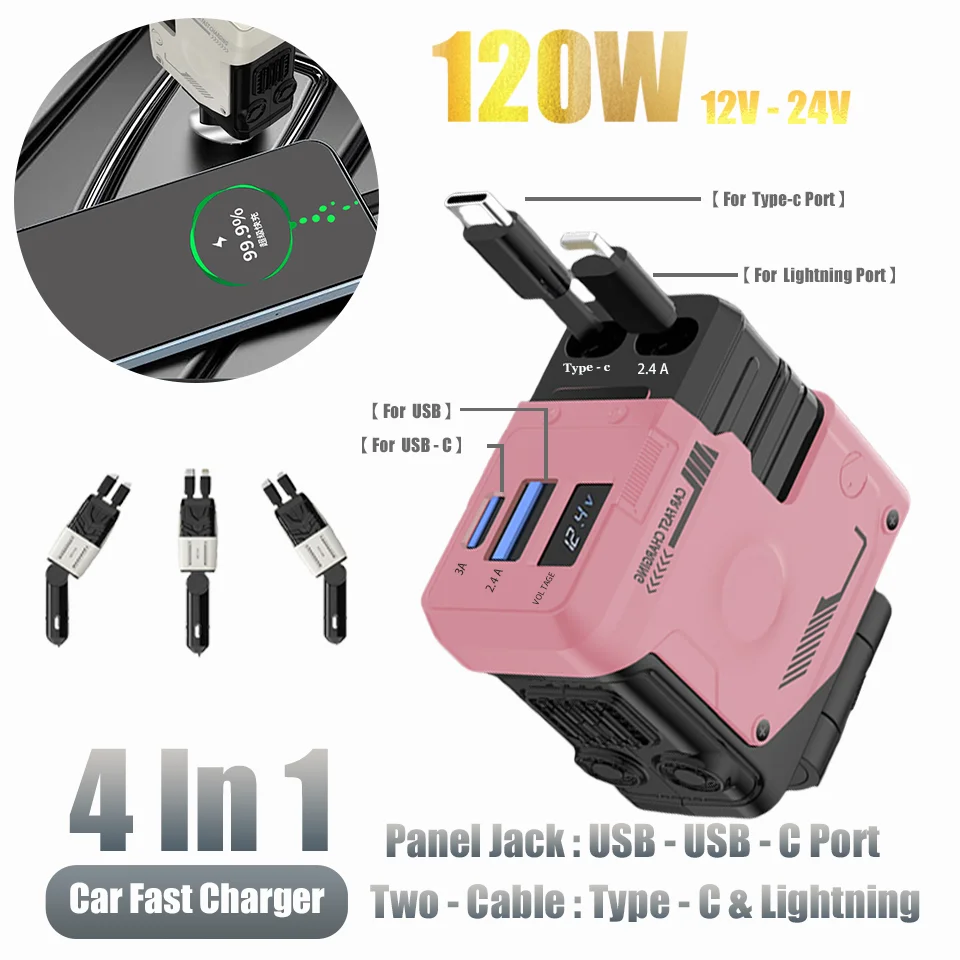 

4In1 120w Retractable Car Charger 12V 24V USB PD Type-c Cable Lightning Fast Charging Cable Cigarette Lighter Extension Adapter