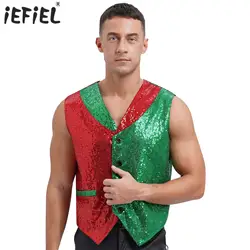 Mens Sparkly Sequin Xmas Christmas Vest Santa Elf Waistcoat Club Costume Shiny Contrast V Neck Button Up Soft Lining Vest Top