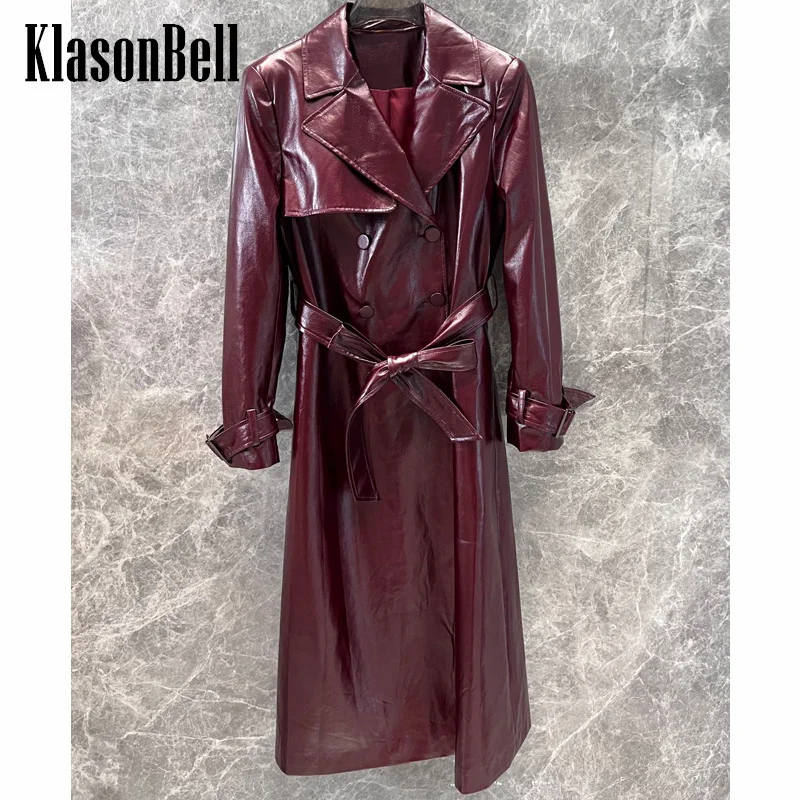 9.19 KlasonBell Women Clothes Vintage Pu Leather Sashes Mid-Length Trench Temperament Double Breasted Long Sleeve Outerwear