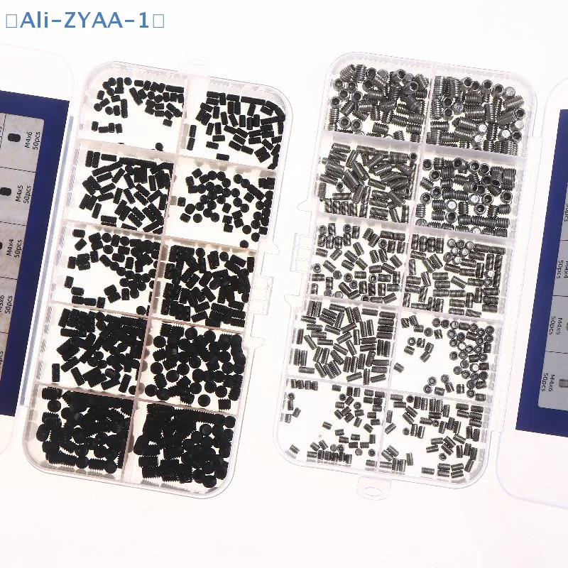 【ZYAA-1】500pcs M2.5 M3 M4 DIN913 304 Stainless Steel Black Hex Hexagon Socket Allen Flat Point Grub Bolt Set Screw Kit Box