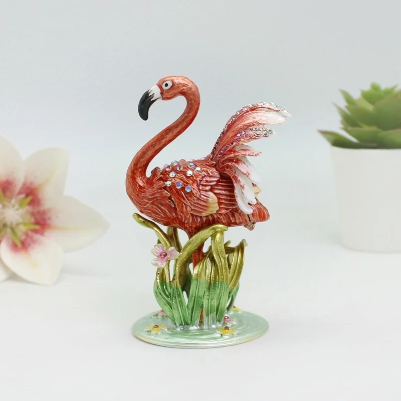 SHINNYGIFTS Flamingo Trinket Box Metal Enameled Bird Animal Figurines Collectable Wedding Jewelry Ring Holder Organizer