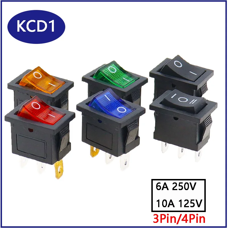 KCD1 Boat Car Rocker Switch 6A/10A 250V/125V AC ON-OFF on-off-on 250VAC 6A 125VAC 10A With Led Light 220V