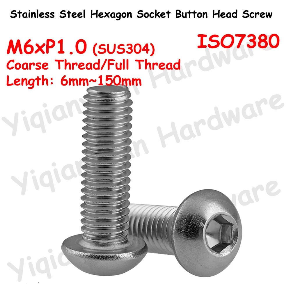 

M6xP1.0 Coarse Thread ISO7380 SUS304 Stainless Steel Hexagon Socket Button Round Head Screws Allen Key Bolts Full Threaded