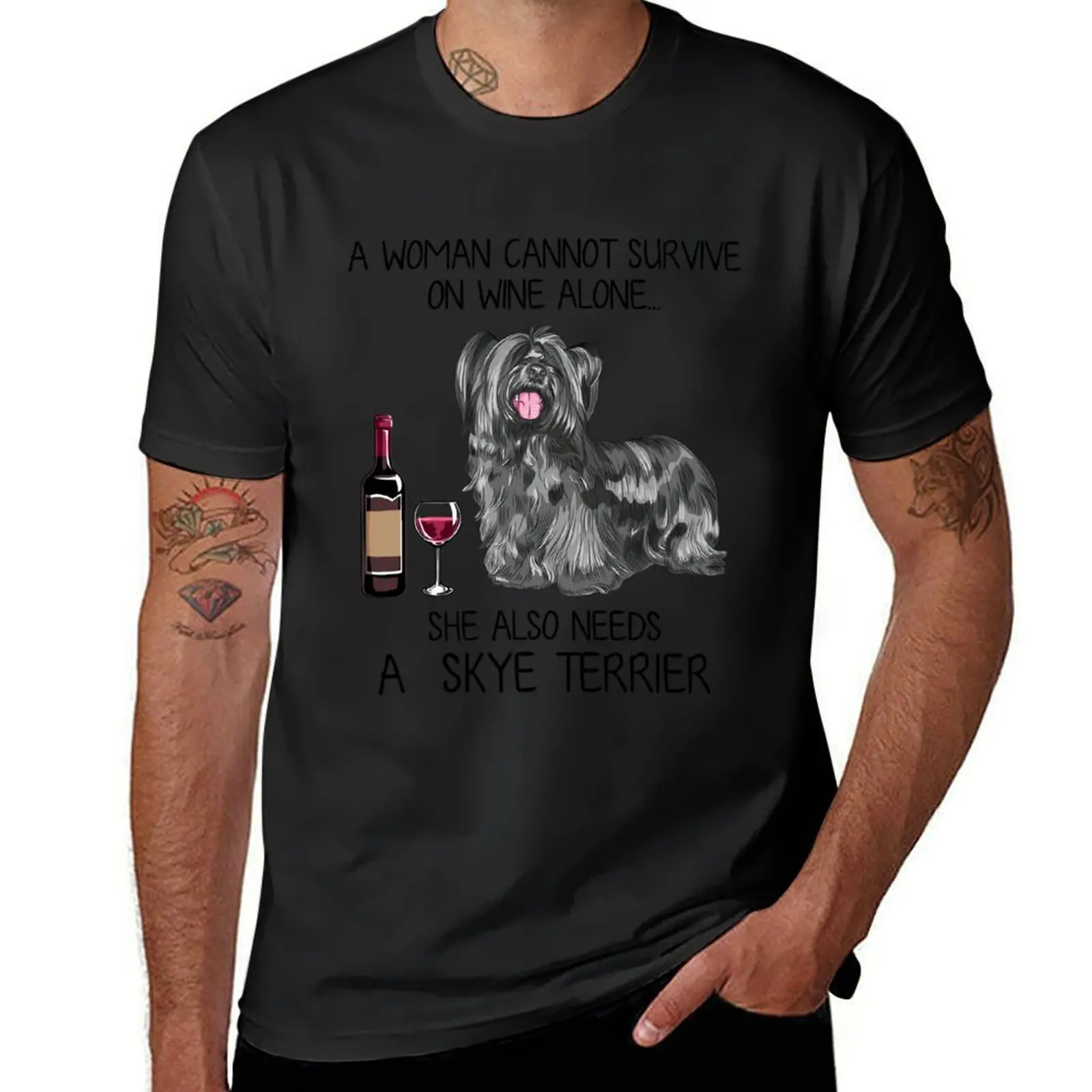 

Skye Terrier dog and wine Funny gift for dog mom T-Shirt shirts graphic man t shirt plain football t shirt t shirts men