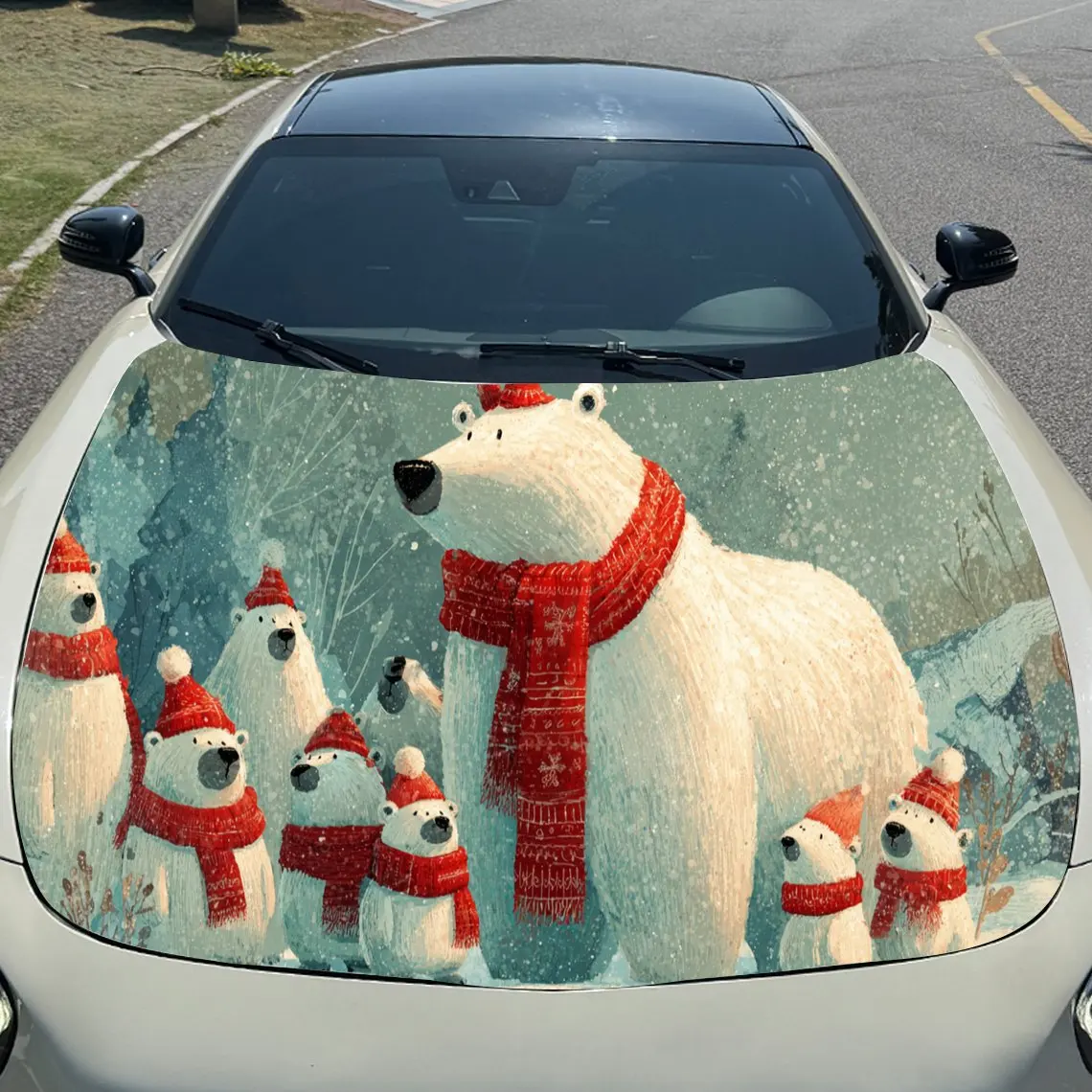 ملصق غطاء تلقائي لعائلة الدب القطبي لعيد الميلاد المبهج، ملصق غطاء محرك السيارة مقاوم للماء وذاتي اللصق، أغطية فينيل أوتوماتيكية، كول كاليفورنيا