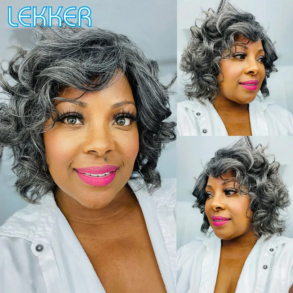 Lekker Grey Short Bob Human Hair Wig For Women Brazilian Remy Hair Ombre Gray Silver Wavy Hair Wig With Bangs Pixie Part Wig