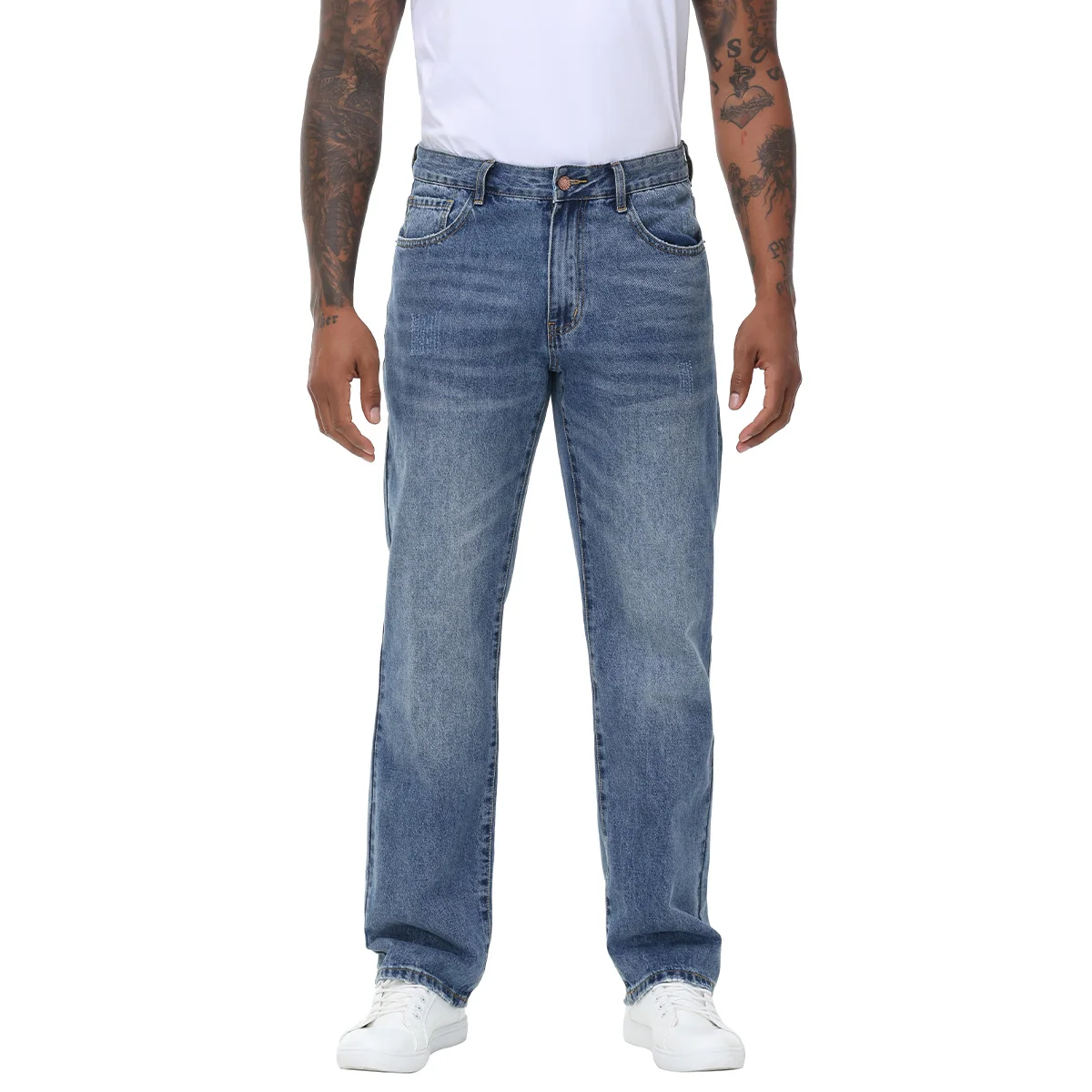

Men's Mid Waist Non Elastic Straight Leg Jeans with Button Fly Vintage Look Denim Ideal for Casual and Semi Formal Occasions