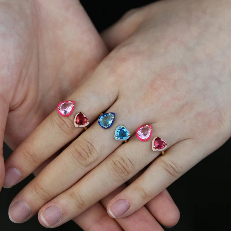 Geometric Tear Drop Heart Shaped Cubic Zirconia Colorful Stone Enamel Band Open Adjusted Women Finger Rings