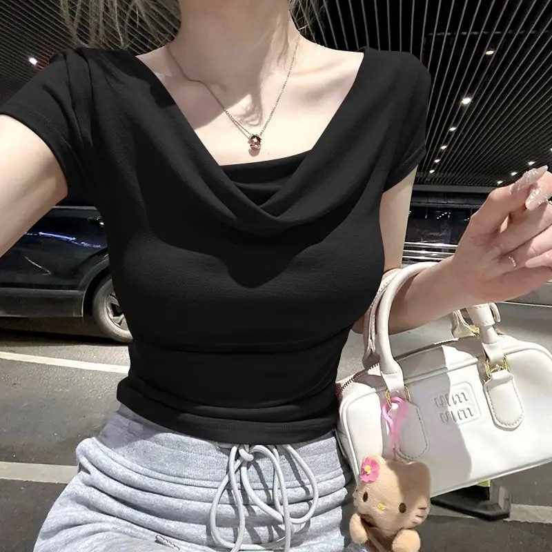Summer Thread Solid Color Beach Fashion Versatile Women's Short Sleeved T-shirt Casual Lightweight Breathable Sexy Women's Top image 3