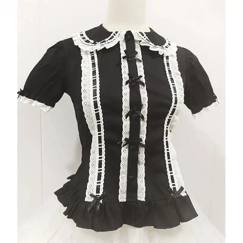 Lolita Shirt Women Preppy Style Bow Slim Blouses Cute Peter Pan Collar Lace Ruffles JK Shirts Girl Puff Sleeve Blouses Women Top