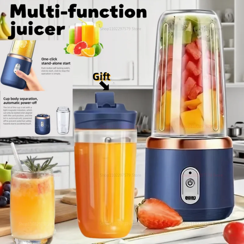 Licuadora portátil, exprimidor de frutas eléctrico de 400ml, carga USB, taza de jugo de fruta de naranja y limón, máquina licuadora de batidos, 2 tazas